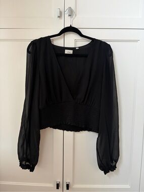 Aritzia Black Sheer V-Neck Smocked Waist Blouse